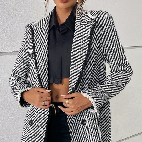 Black and White Casual Womens Striped Print Double Breasted Blazer - Picture 4 of 5